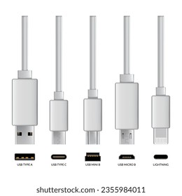 Conectores de cable Usb. Conjunto vector realista de tomas de teléfono para cableado en color blanco. Cable para cargar o transmitir información para dispositivos electrónicos modernos