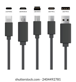 Conectores de cable Usb. Conjunto vector realista de tomas de teléfono para cableado en color negro. Cable para cargar o transmitir información para dispositivos electrónicos modernos