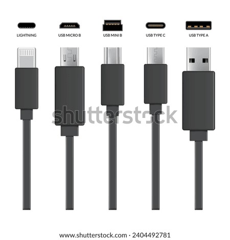 Usb cable connectors. Realistic vector set of phone jacks for cabling in black color. Cable for charging or transmitting information for modern electronic devices