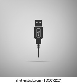 USB cable cord icon isolated on grey background. Connectors and sockets for PC and mobile devices. Computer peripherals connector or smartphone recharge supply. Flat design. Vector Illustration