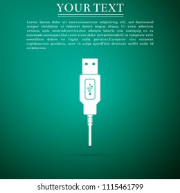 USB cable cord icon isolated on green background. Connectors and sockets for PC and mobile devices. Computer peripherals connector or smartphone recharge supply. Flat design. Vector Illustration