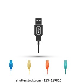 USB cable cord icon isolated on white background. Connectors and sockets for PC and mobile devices. Computer peripherals connector or smartphone recharge supply. Flat design. Vector Illustration
