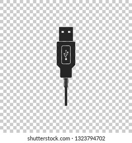 USB cable cord icon isolated on transparent background. Connectors and sockets for PC and mobile devices. Computer peripherals connector or smartphone recharge supply. Flat design. Vector Illustration