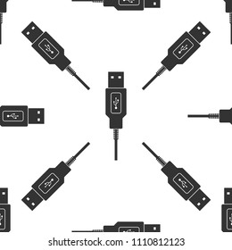 USB cable cord icon seamless pattern on white background. Connector and socket for PC and mobile devices. Computer peripherals connector or smartphone recharge supply. Flat design. Vector Illustration