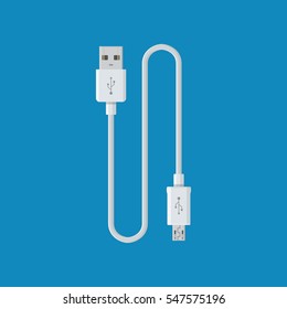 USB cable cord icon for web on blue backround. Computer peripherals connector or smartphone recharge supply