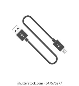 USB cable cord icon for web isolated on white backround. Computer peripherals connector or smartphone recharge supply