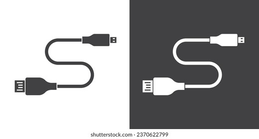 Símbolo del icono del conector de datos del cable USB, icono del vector de cables del cargador. Icono de cable de tipo Usb. Ilustración vectorial del icono del cargador. Símbolo del smartphone Charger en estilo plano de moda sobre fondo blanco y negro.