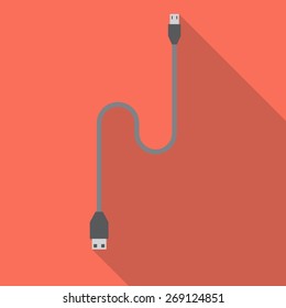USB cable flat style icon with long shadow. Modern design. Vector illustration EPS10