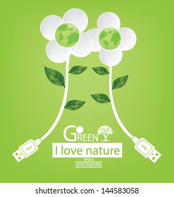 Usb cable. Flower design. Go green. Save world. vector illustration.