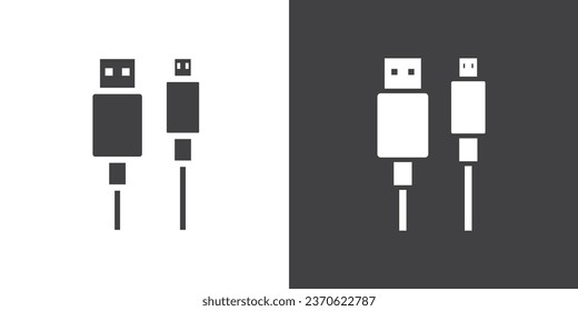 USB-Kabel-Symbol Ladekabel, Vektorsymbol. USB-Kabel-Symbol Ladegerät Symbol, Vektorgrafik. Smartphone-Symbol mit Ladegerät im angesagten, flachen Stil auf schwarz-weißem Hintergrund.