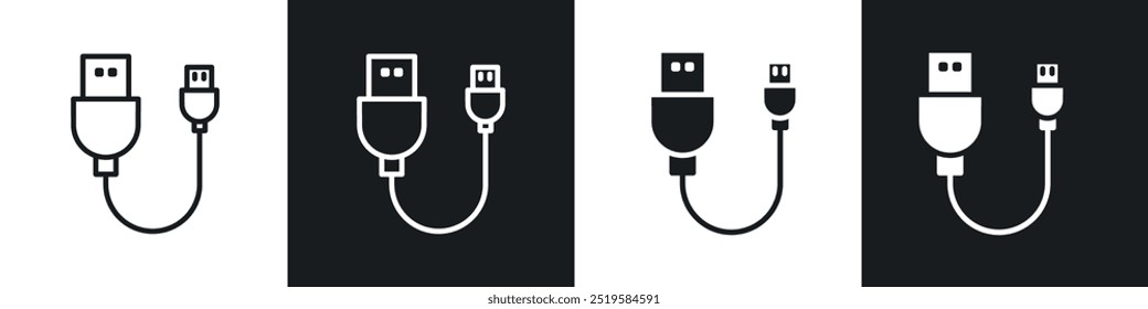 USB cable icon collection in black and white filled and stroke line style.