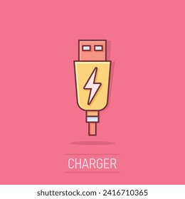 Icono de cable Usb en estilo cómic. Ilustración de dibujos animados del vector del cargador eléctrico sobre el fondo aislado. Concepto de negocio del efecto de salpicadura del adaptador de batería.