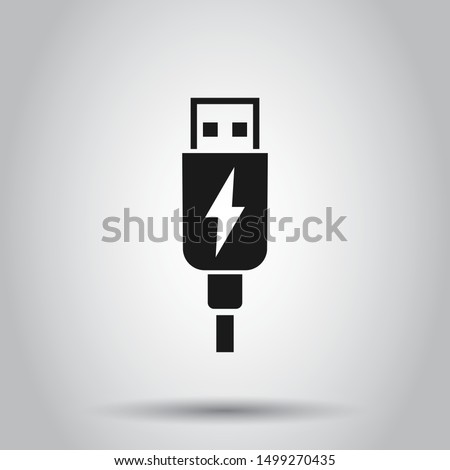 Usb cable icon in flat style. Electric charger vector illustration on isolated background. Battery adapter business concept.