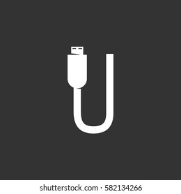USB cable icon isolated on black background. USB cable vector logo. Flat design style. Modern vector pictogram for web graphics - stock vector
