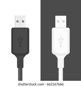 USB cable icon isolated on white and black background. Vector usb plug sign in flat style. Illustration EPS 10.