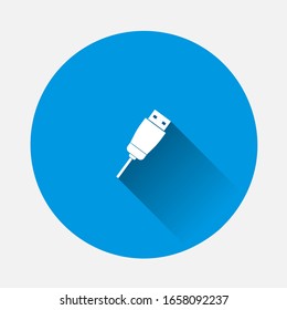 Usb cable icon on blue background. Flat image with long shadow.