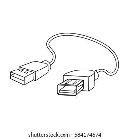 USB cable icon in outline style isolated on white background. Personal computer accessories symbol stock vector illustration.