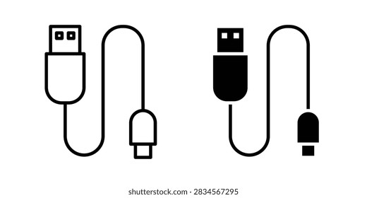 USB Cable icon representing wired connectivity, charging, data transfer, computer accessories, and electronic connections. Clean outline and filled vector symbol suitable for smartphones, computers, electronics, chargers, and technology products.