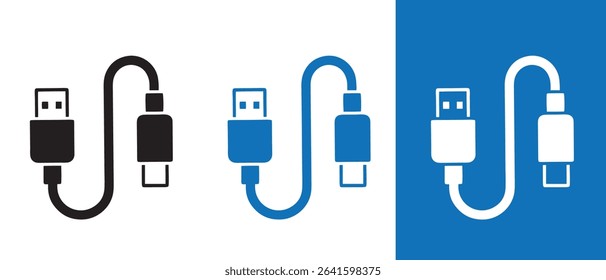 USB Cable Icon Set, Data Transfer Connector and Charging Wire Vector Illustration.