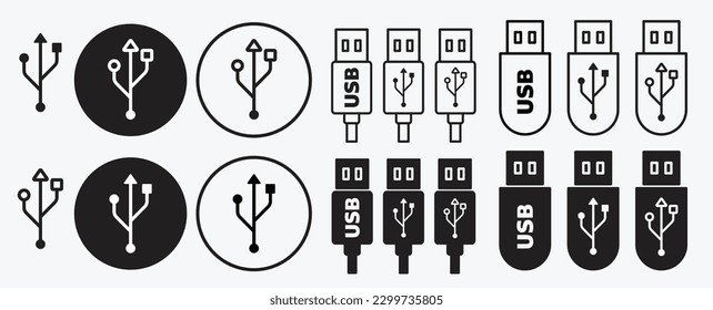 USB cable icon set. pen drive or flash drive storage vector symbol. USB port pictogram on white background. 
