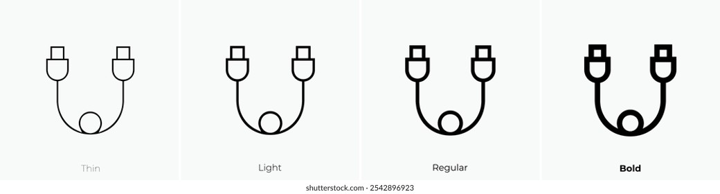 ícone do cabo usb. Design fino, leve, regular e negrito, isolado no fundo branco