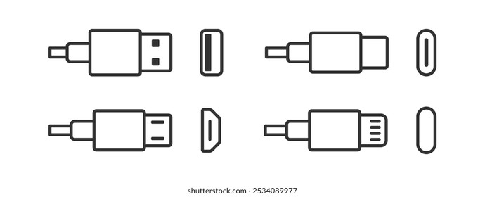 Icono de cable USB. Puerto tipo C. Conector Lightning. Cable de computadora. Adaptador micro USB.