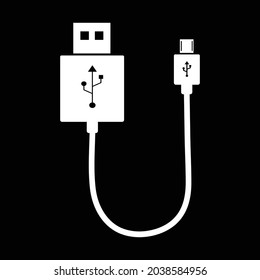 USB cable cable icon for web on black background. Computer peripheral connector or smartphone power supply