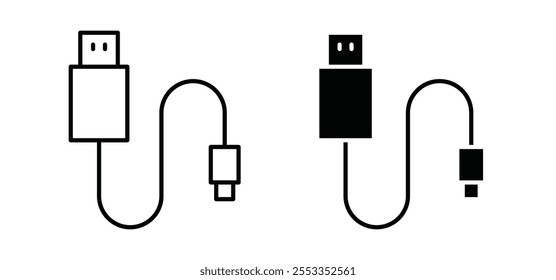 Ícones de cabo USB em estilo preto preenchido e contornado