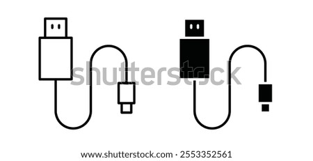 USB cable icons in black filled and outlined style