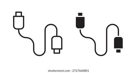 Coleção de ícones de cabo USB. Ícones finos lineares e planos pretos