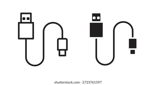 USB-Kabelsymbole in ausgefüllter, dünner Linie, Umriss und Strichen