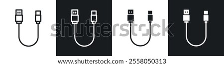 USB cable icons pack in black and white filled and outlined versions.