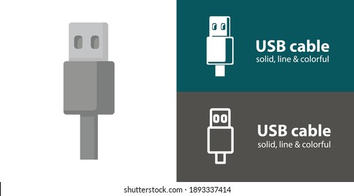 USB cable isolated vector flat icon with technology electronics solid, line icons