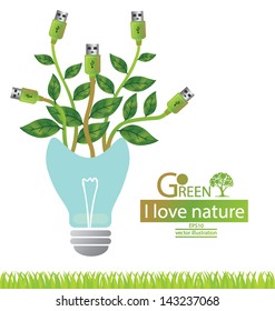 Usb cable. Lamp. Go green. Save world. vector illustration.