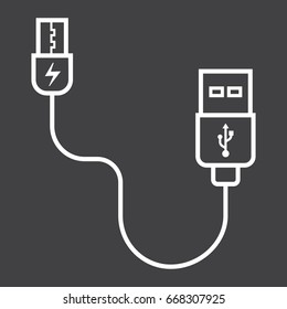 USB cable line icon, connector and charger, vector graphics, a linear pattern on a black background, eps 10.