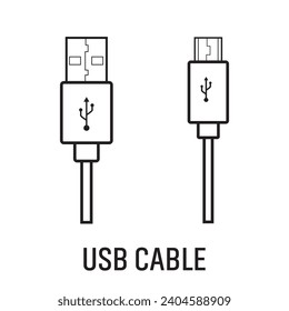 Cable USB. Icono de línea de cable USB. Icono de vector de cable USB. Cable de carga de teléfono móvil. Cables micro USB.