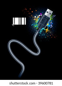 USB cable on bright graffiti background. Vector illustration.