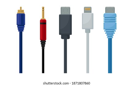 USB Cable Plugs Isolated on White Background Vector Set