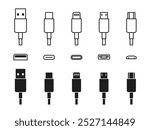 USB cable port icon set. USB type C, A, lightning and micro-usb mobile phone charger vector illustration collection. Plug adapter symbol. Electronic device connector. Smartphone charger sign isolated.