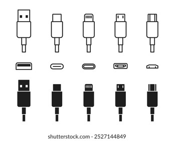 USB cable port icon set. USB type C, A, lightning and micro-usb mobile phone charger vector illustration collection. Plug adapter symbol. Electronic device connector. Smartphone charger sign isolated.