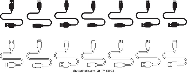 Conjunto de iconos de puerto de cable USB. USB tipo C Un rayo y micro USB cargador de teléfono móvil colección de Vector aislado transparente. Símbolo del adaptador del enchufe. Conector de dispositivo Electrónica. Signo del cargador del smartphone