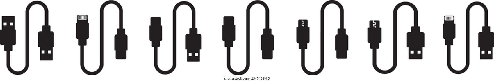 Conjunto de iconos de puerto de cable USB. USB tipo C Un rayo y micro USB cargador de teléfono móvil colección de Vector aislado transparente. Símbolo del adaptador del enchufe. Conector de dispositivo Electrónica. Signo del cargador del smartphone