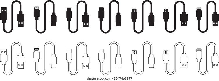 Conjunto de iconos de puerto de cable USB. USB tipo C Un rayo y micro USB cargador de teléfono móvil colección de Vector aislado transparente. Símbolo del adaptador del enchufe. Conector de dispositivo Electrónica. Signo del cargador del smartphone