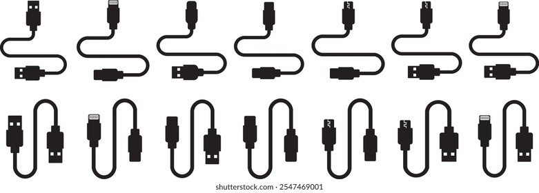 Conjunto de iconos de puerto de cable USB. USB tipo C Un rayo y micro USB cargador de teléfono móvil colección de Vector aislado transparente. Símbolo del adaptador del enchufe. Conector de dispositivo Electrónica. Signo del cargador del smartphone