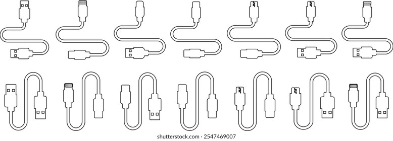 Conjunto de iconos de puerto de cable USB. USB tipo C Un rayo y micro USB cargador de teléfono móvil colección de Vector aislado transparente. Símbolo del adaptador del enchufe. Conector de dispositivo Electrónica. Signo del cargador del smartphone