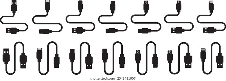 Conjunto de iconos de puerto de cable USB. USB tipo C Un rayo y micro USB cargador de teléfono móvil colección de Vector aislado transparente. Símbolo del adaptador del enchufe. Conector de dispositivo Electrónica. Signo del cargador del smartphone