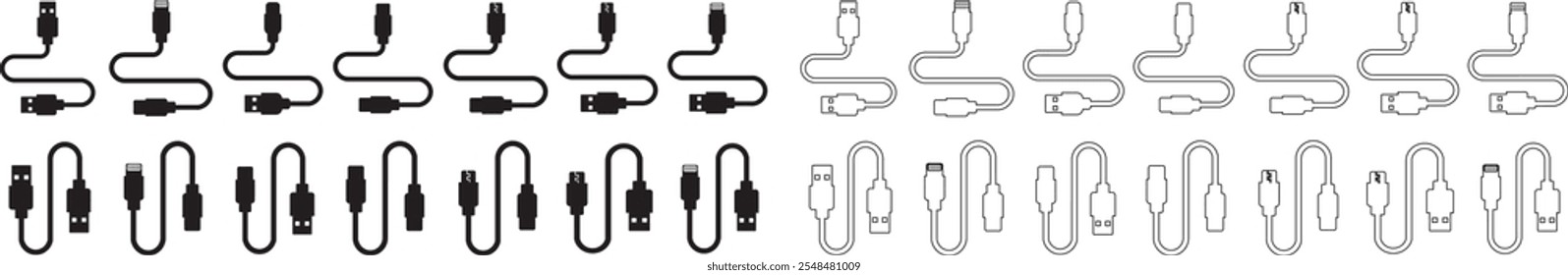 Conjunto de iconos de puerto de cable USB. USB tipo C Un rayo y micro USB cargador de teléfono móvil colección de Vector aislado transparente. Símbolo del adaptador del enchufe. Conector de dispositivo Electrónica. Signo del cargador del smartphone