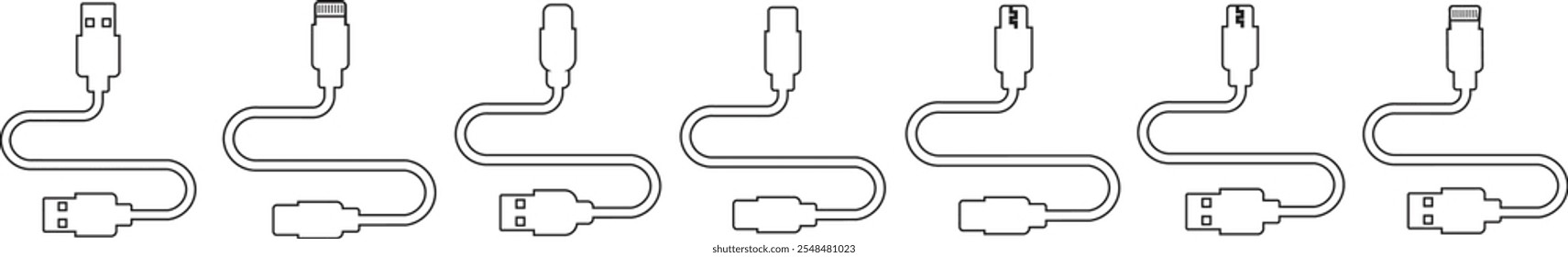 Conjunto de iconos de puerto de cable USB. USB tipo C Un rayo y micro USB cargador de teléfono móvil colección de Vector aislado transparente. Símbolo del adaptador del enchufe. Conector de dispositivo Electrónica. Signo del cargador del smartphone