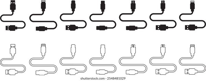 Conjunto de iconos de puerto de cable USB. USB tipo C Un rayo y micro USB cargador de teléfono móvil colección de Vector aislado transparente. Símbolo del adaptador del enchufe. Conector de dispositivo Electrónica. Signo del cargador del smartphone