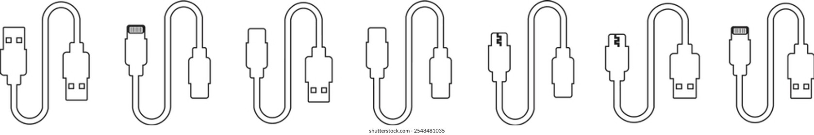 Conjunto de iconos de puerto de cable USB. USB tipo C Un rayo y micro USB cargador de teléfono móvil colección de Vector aislado transparente. Símbolo del adaptador del enchufe. Conector de dispositivo Electrónica. Signo del cargador del smartphone